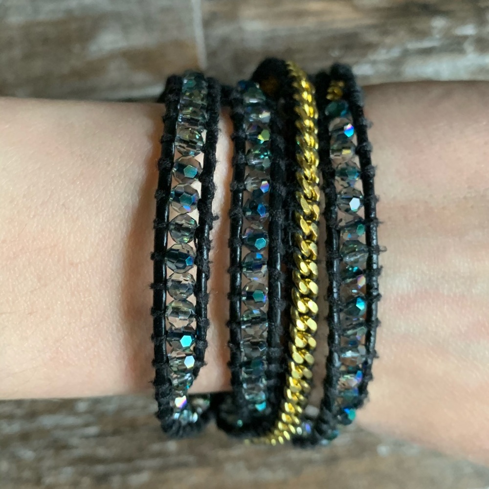 Green Crystals with Gold Chain on Black Bracelet